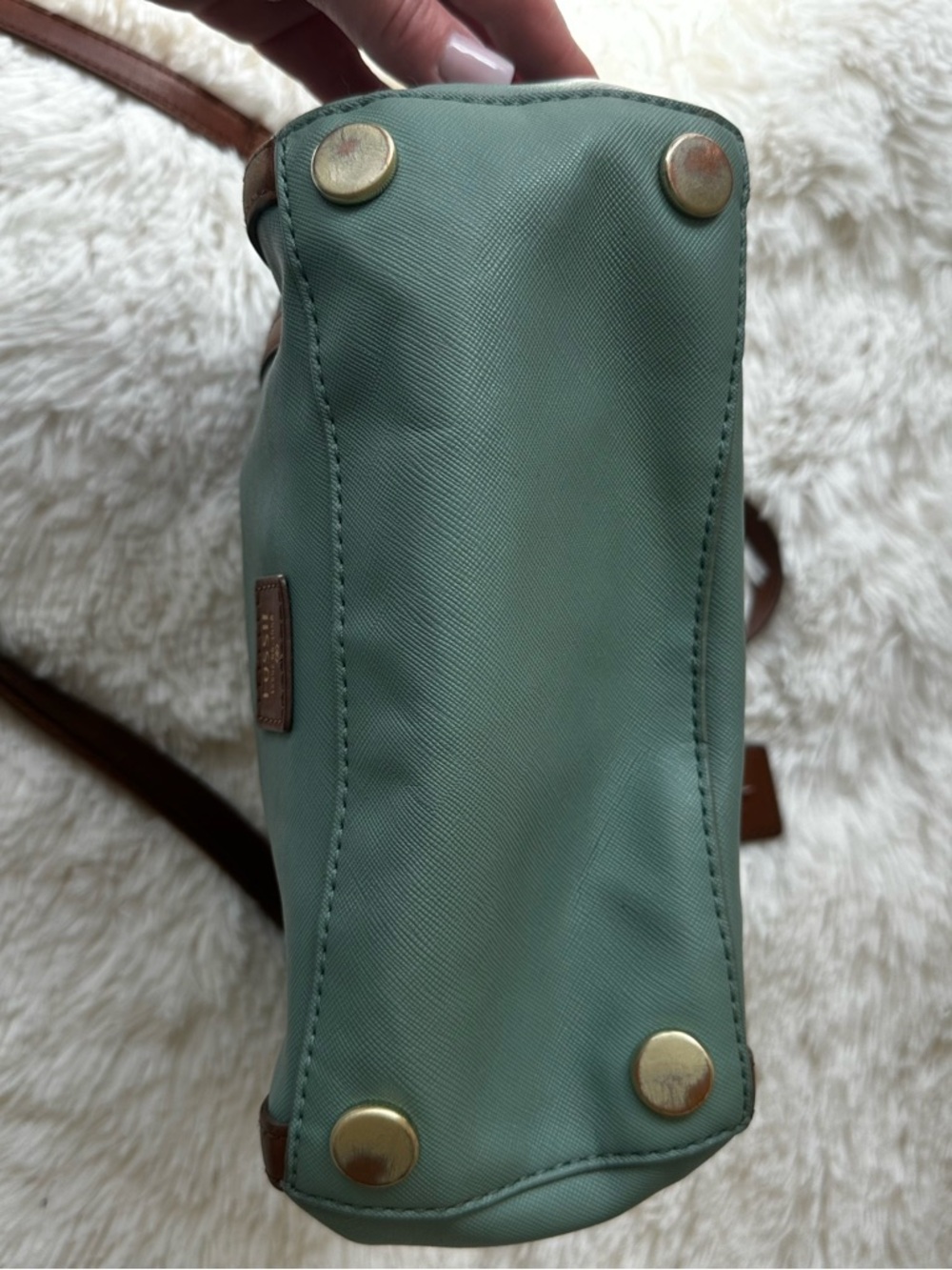 Fossil Sage Green Crossbody Shoulder Tote Bag Brown Leather Trim Everyday Purse - Picture 3 of 13